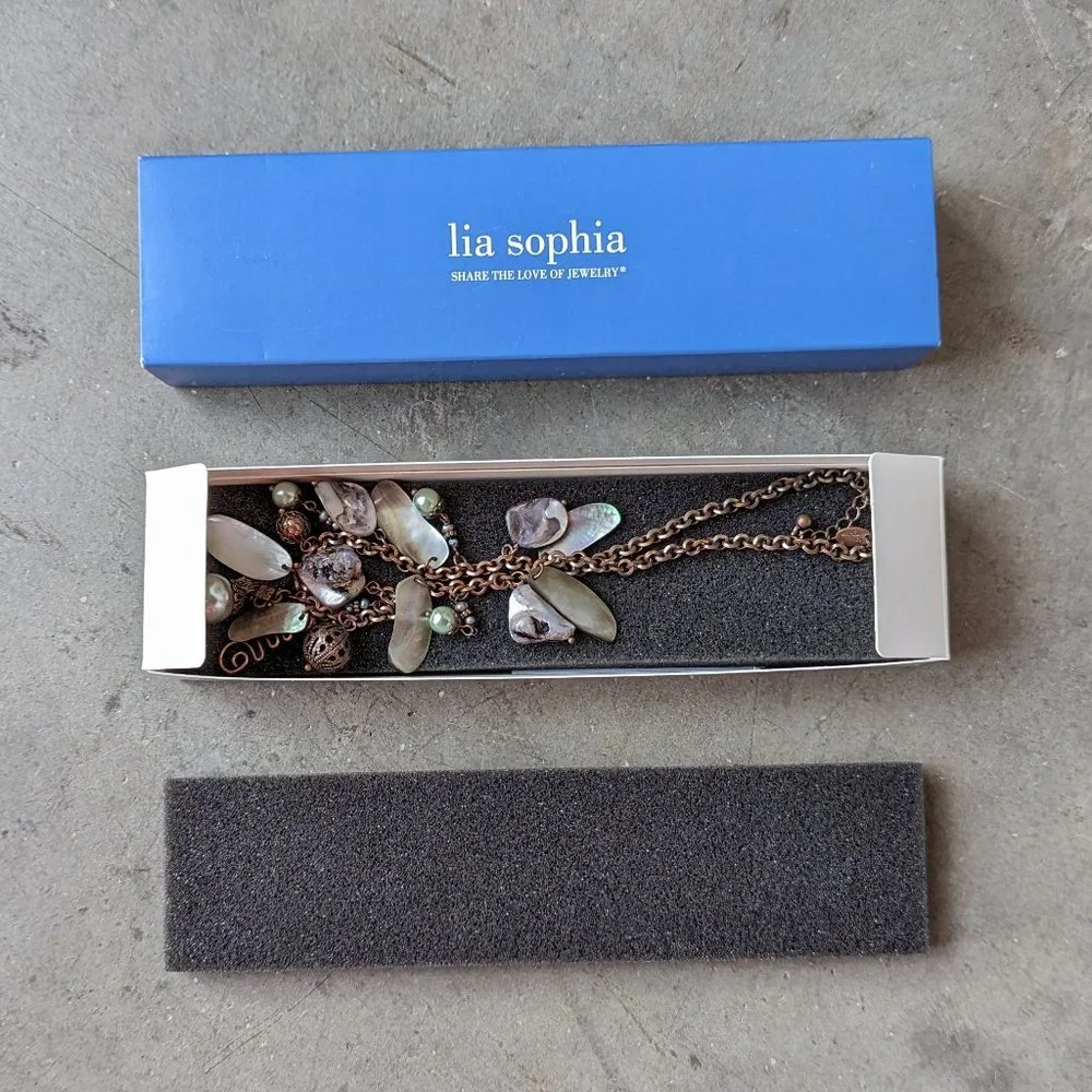 Lia Sophia Gold Broze Mother of Pearl Pendant Statement Necklace